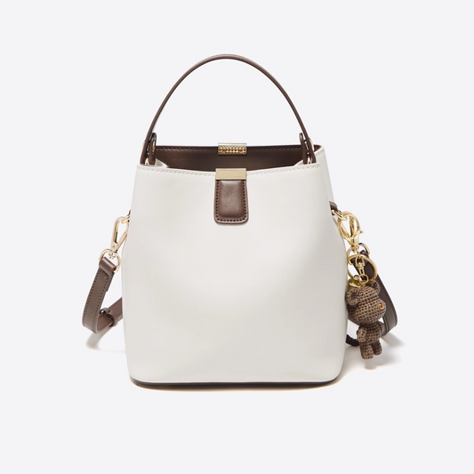 White Brown Color Block Bucket Bag